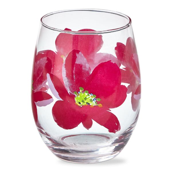 Stemless Wine Glass Pink Flowers