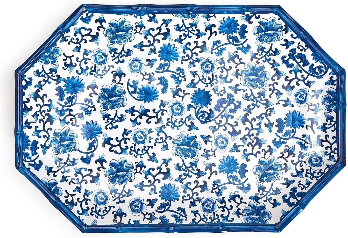 Chinoiserie Hand-Painted Blue and White Floral Tray