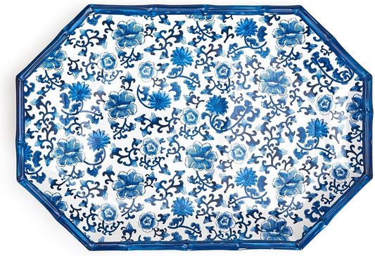 Chinoiserie Hand-Painted Blue and White Floral Tray