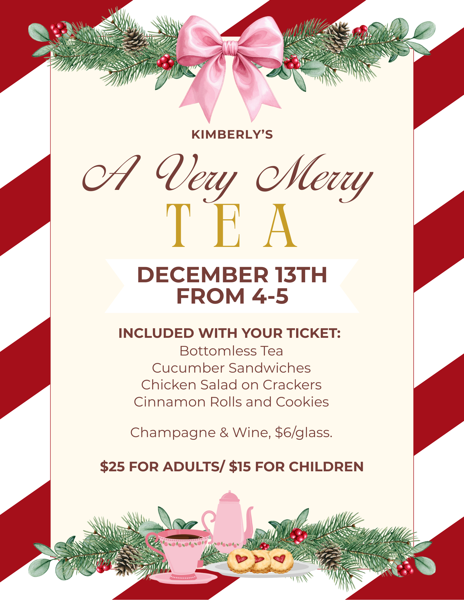 Invitation card for a Christmas-themed tea event with festive decorations and text.