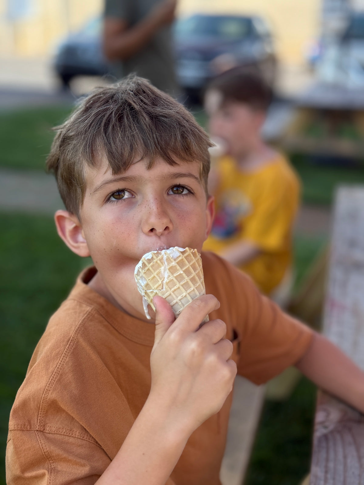 A young boy in a brown t-shirt eating a waffle cone ice cream outdoors, with a blurred background showing another child and a picnic table.