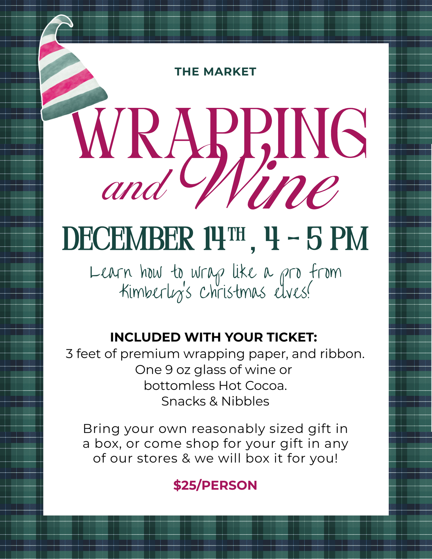 Promotional flyer for 'Wrapping and Wine' event with text and festive design.