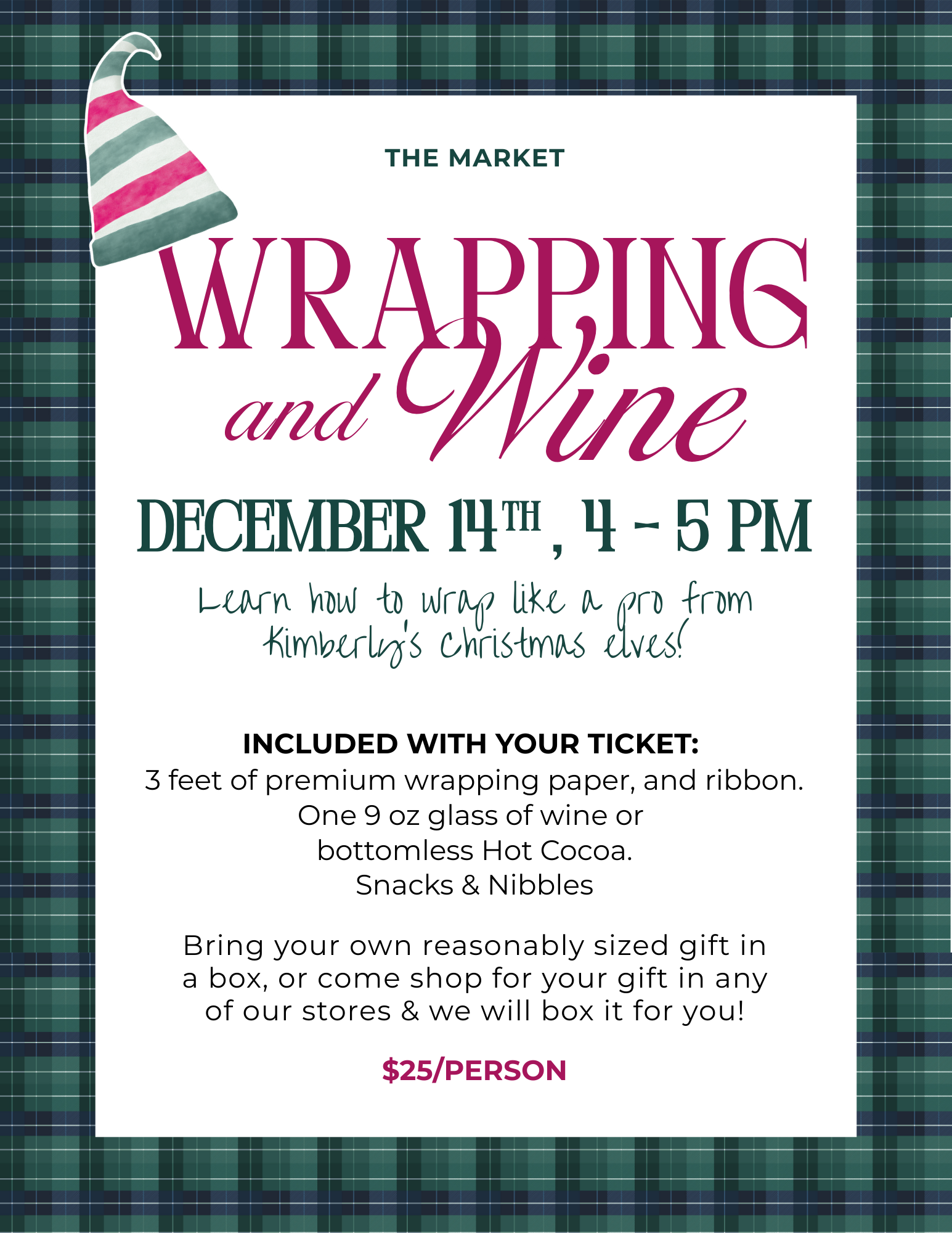 Promotional flyer for 'Wrapping and Wine' event with text and festive design.