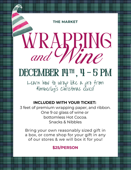 Promotional flyer for 'Wrapping and Wine' event with text and festive design.